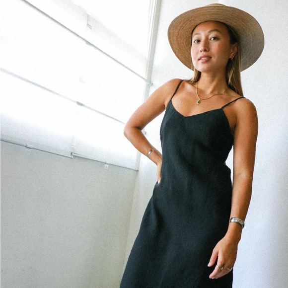 MATE the Label Linen Mini Slip Dress in Black 100% Linen - Picture 1 of 11